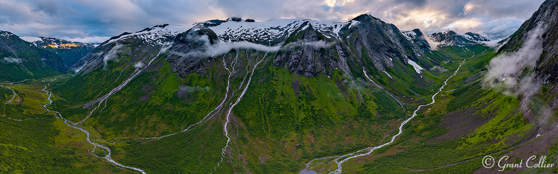 Waterfalls streaming into a valley in Norway.